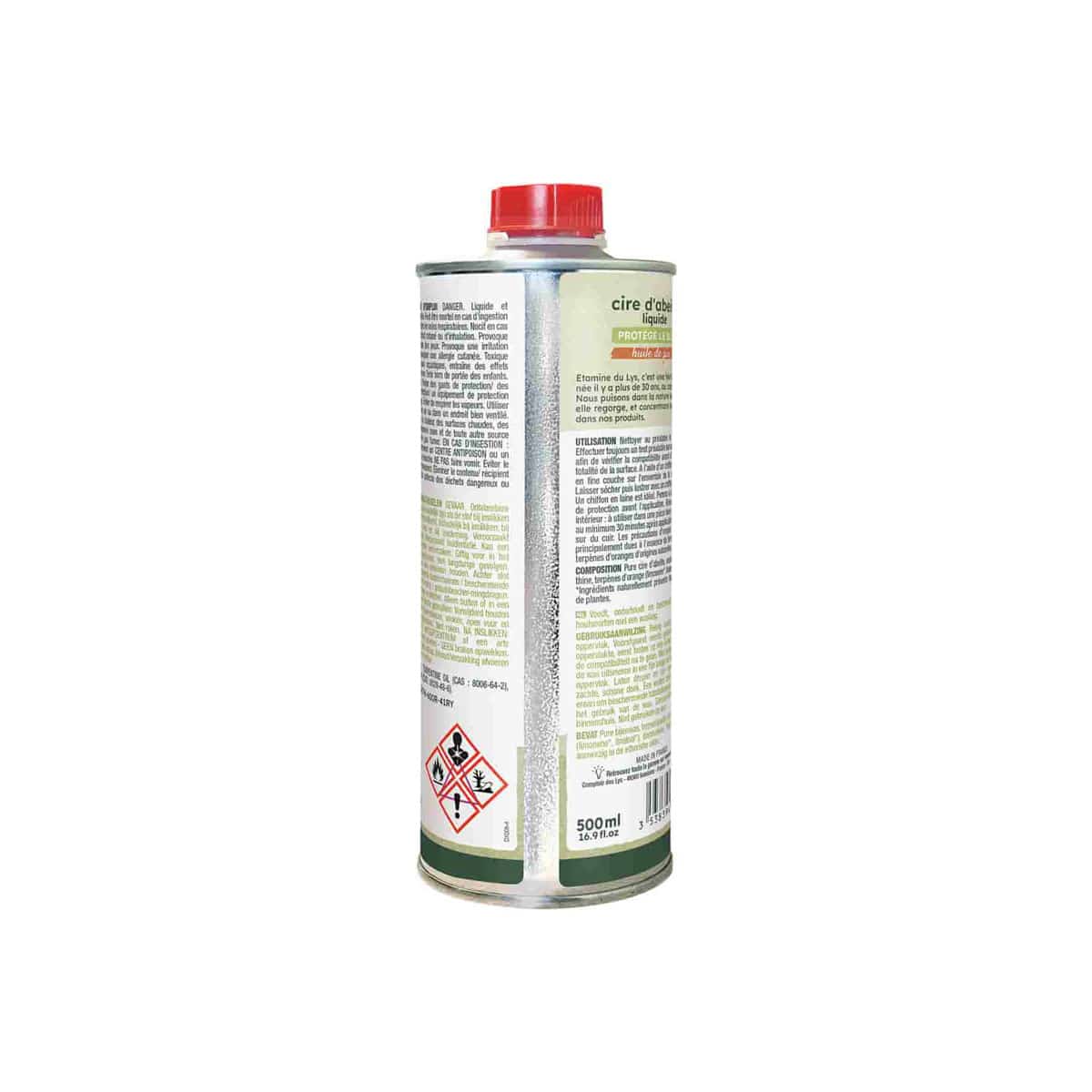 Zadnja strana pakovanja Etamine du Lys tečnog pčelinjeg voska za negu i zaštitu drveta, 500ml